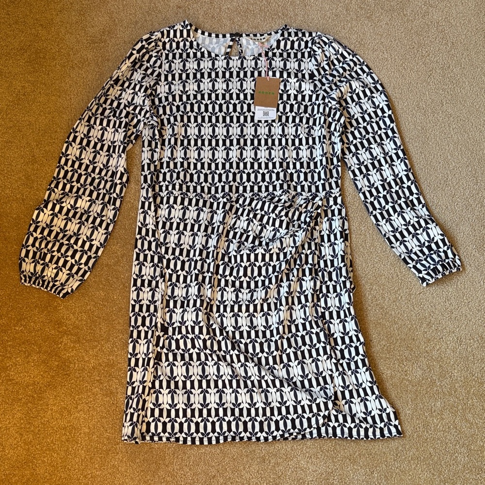 Boden Black blue long sleeve White Midi Dress 12R NWT